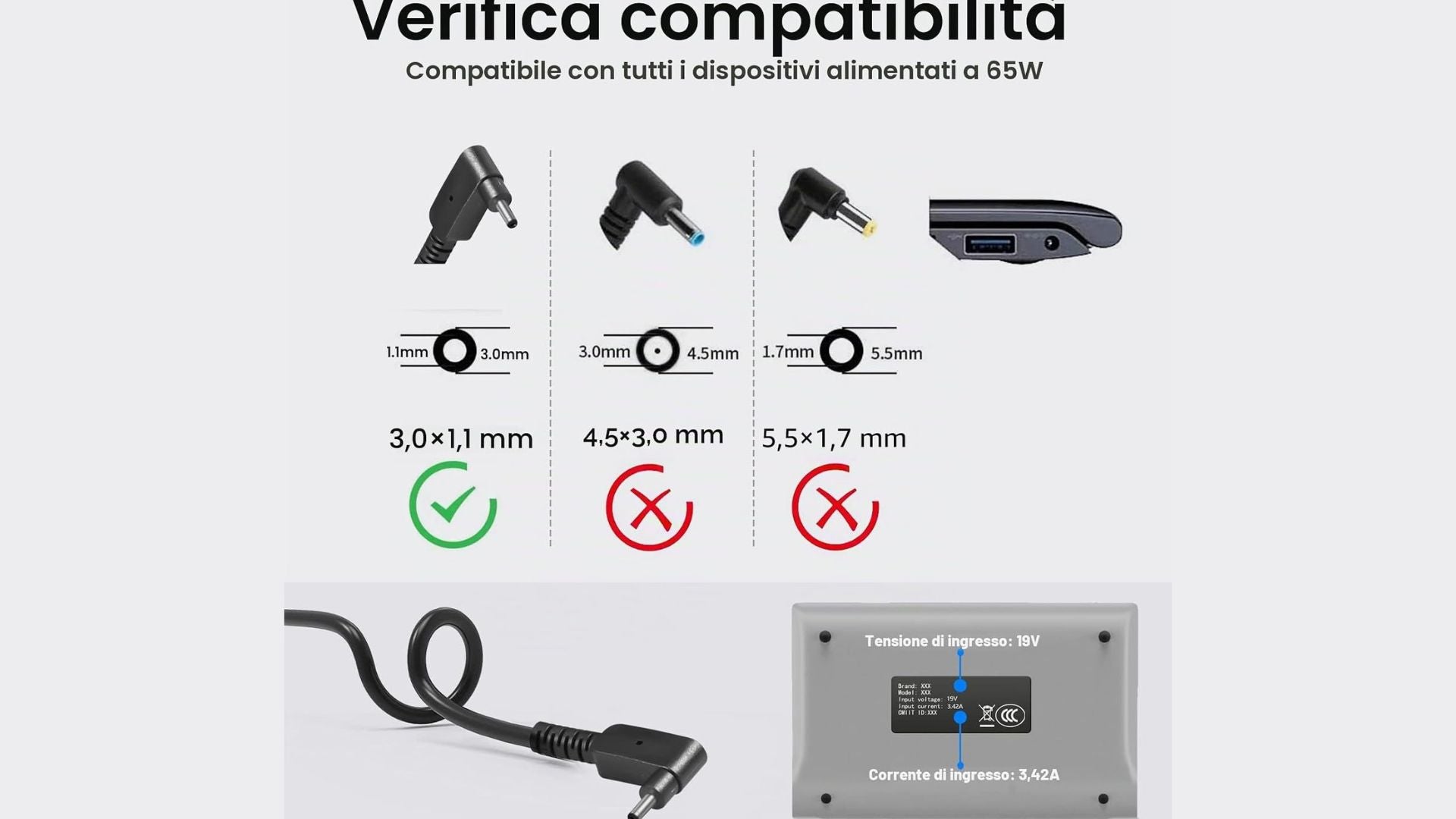 Alimentatore Acer 65w 19V 3.42A 3.00x1.10mm Compatibile con Acer Swift SF313-53, SF313-52