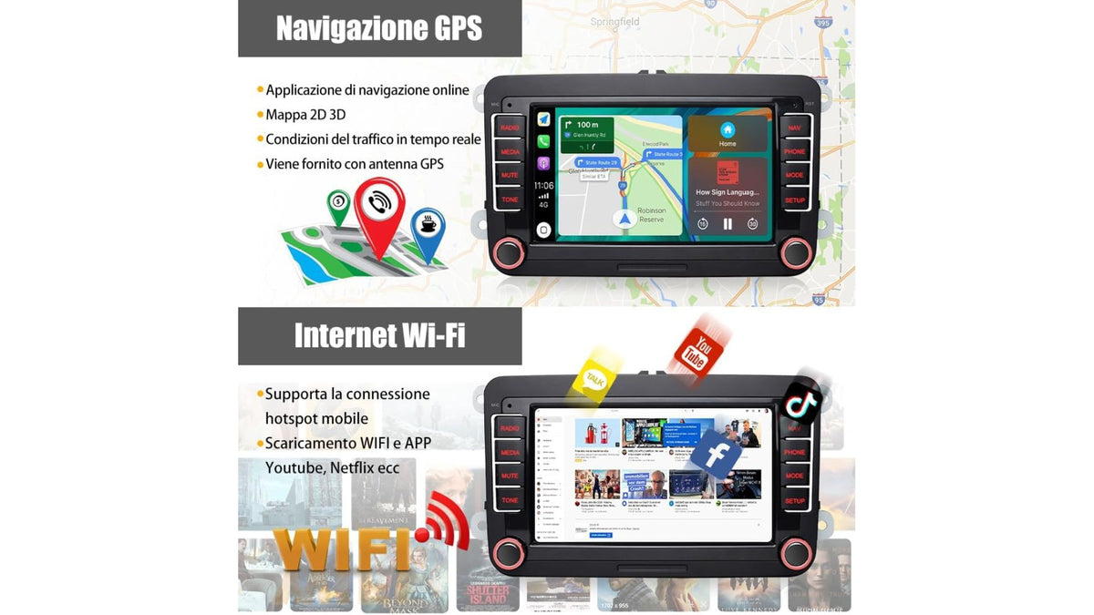 Autoradio 2 DIN Android CarPlay Wireless per VW Golf 5 6 Polo Passat Tiguan Seat - NUOVO