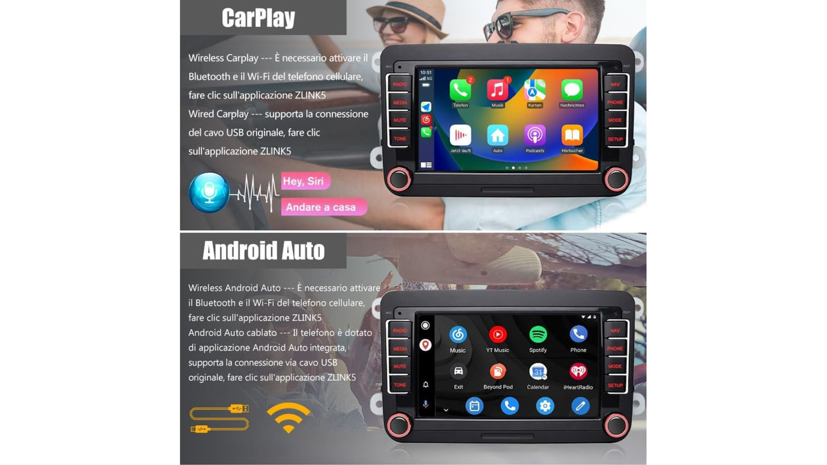Autoradio 2 DIN Android CarPlay Wireless per VW Golf 5 6 Polo Passat Tiguan Seat - NUOVO