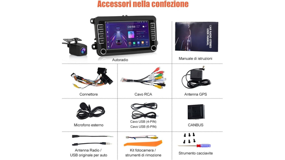 Autoradio 2 DIN Android CarPlay Wireless per VW Golf 5 6 Polo Passat Tiguan Seat - NUOVO