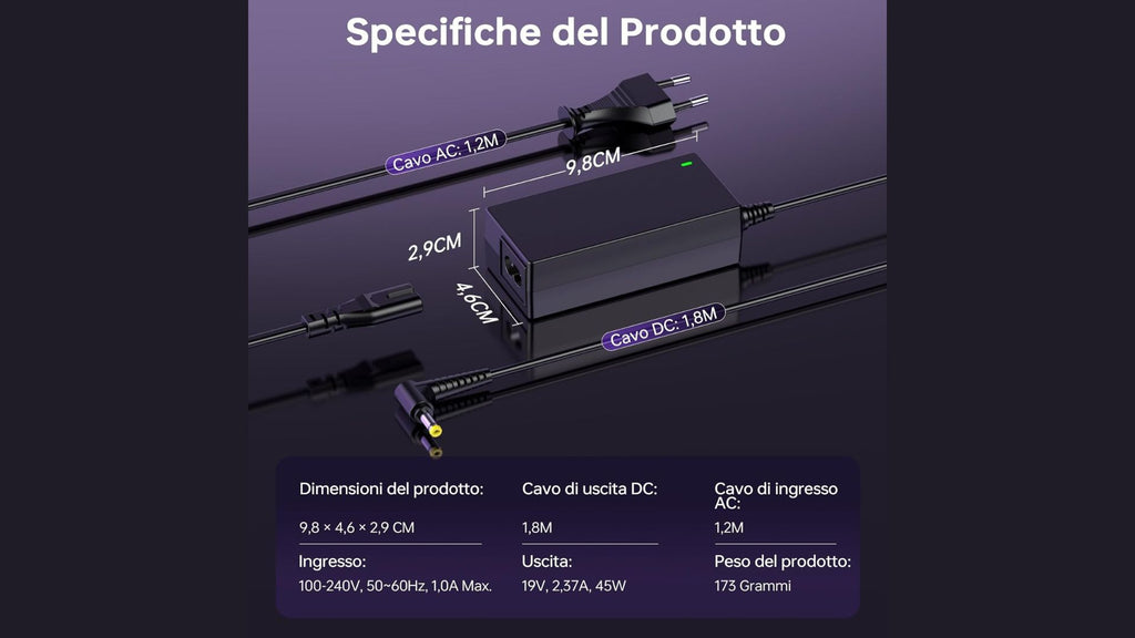 Caricatore 45W 40W 19V 2.37A Wortmann Terra Mobile 4,8x1.7mm