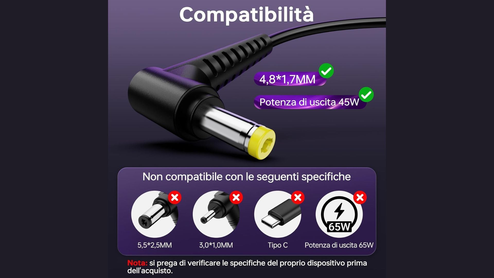 Caricatore 45W 40W 19V 2.37A Wortmann Terra Mobile 4,8x1.7mm