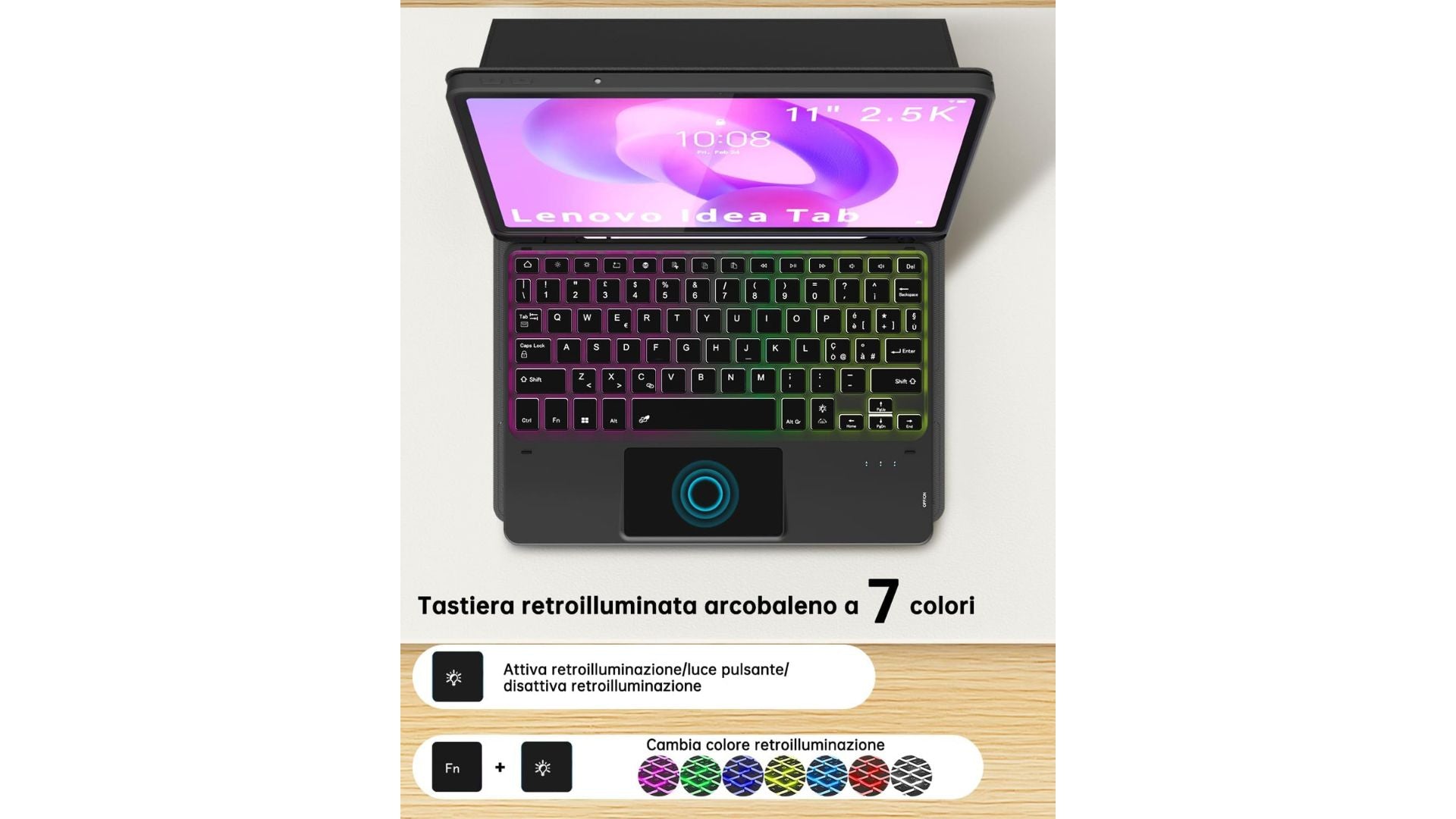Custodia con tastiera per Lenovo Idea Tab 11 pollici 2025 : Tastiera retroilluminata Rainbow con touchpad intelligente