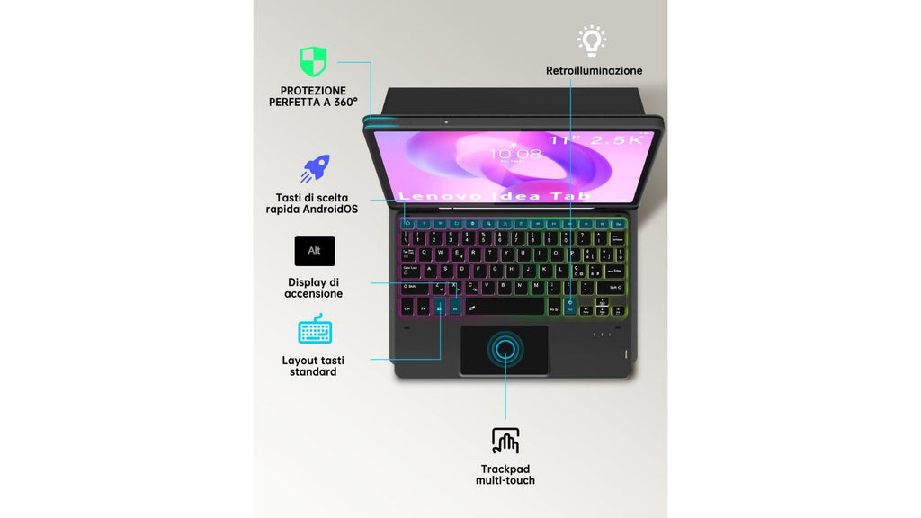 Custodia con tastiera per Lenovo Idea Tab 11 pollici 2025 : Tastiera retroilluminata Rainbow con touchpad intelligente