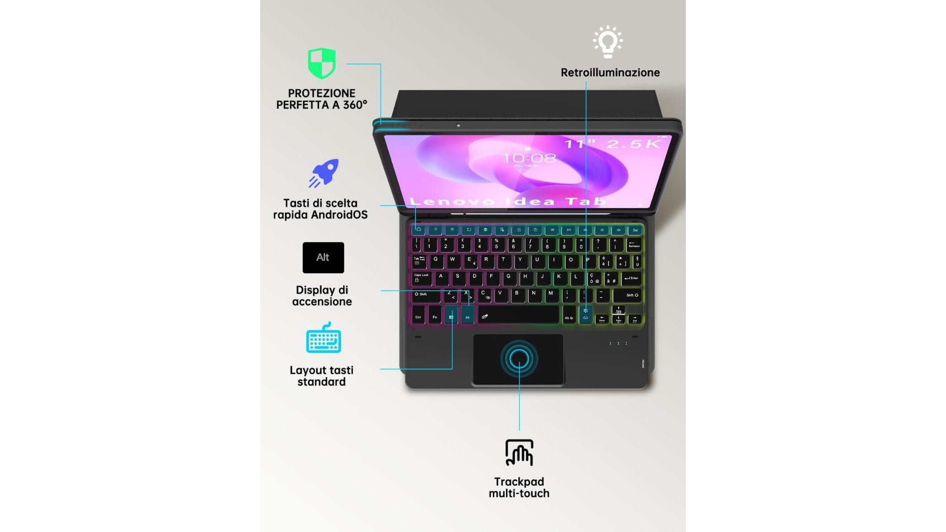 Custodia con tastiera per Lenovo Idea Tab 11 pollici 2025 : Tastiera retroilluminata Rainbow con touchpad intelligente