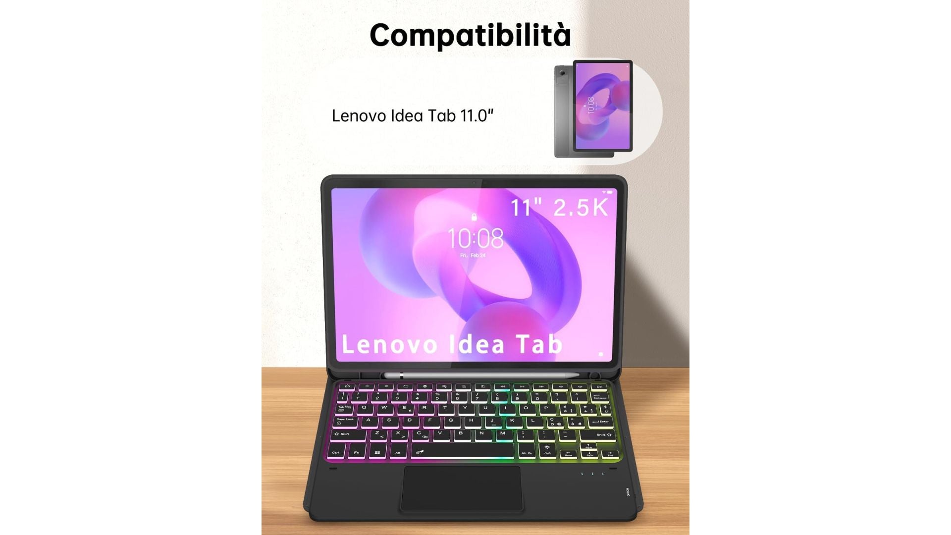 Custodia con tastiera per Lenovo Idea Tab 11 pollici 2025 : Tastiera retroilluminata Rainbow con touchpad intelligente